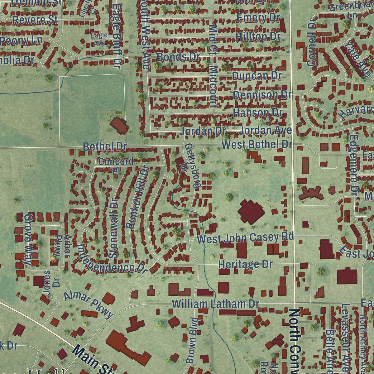 Close-up of the map of Bourbonnais, Illinois print showing street and building detail