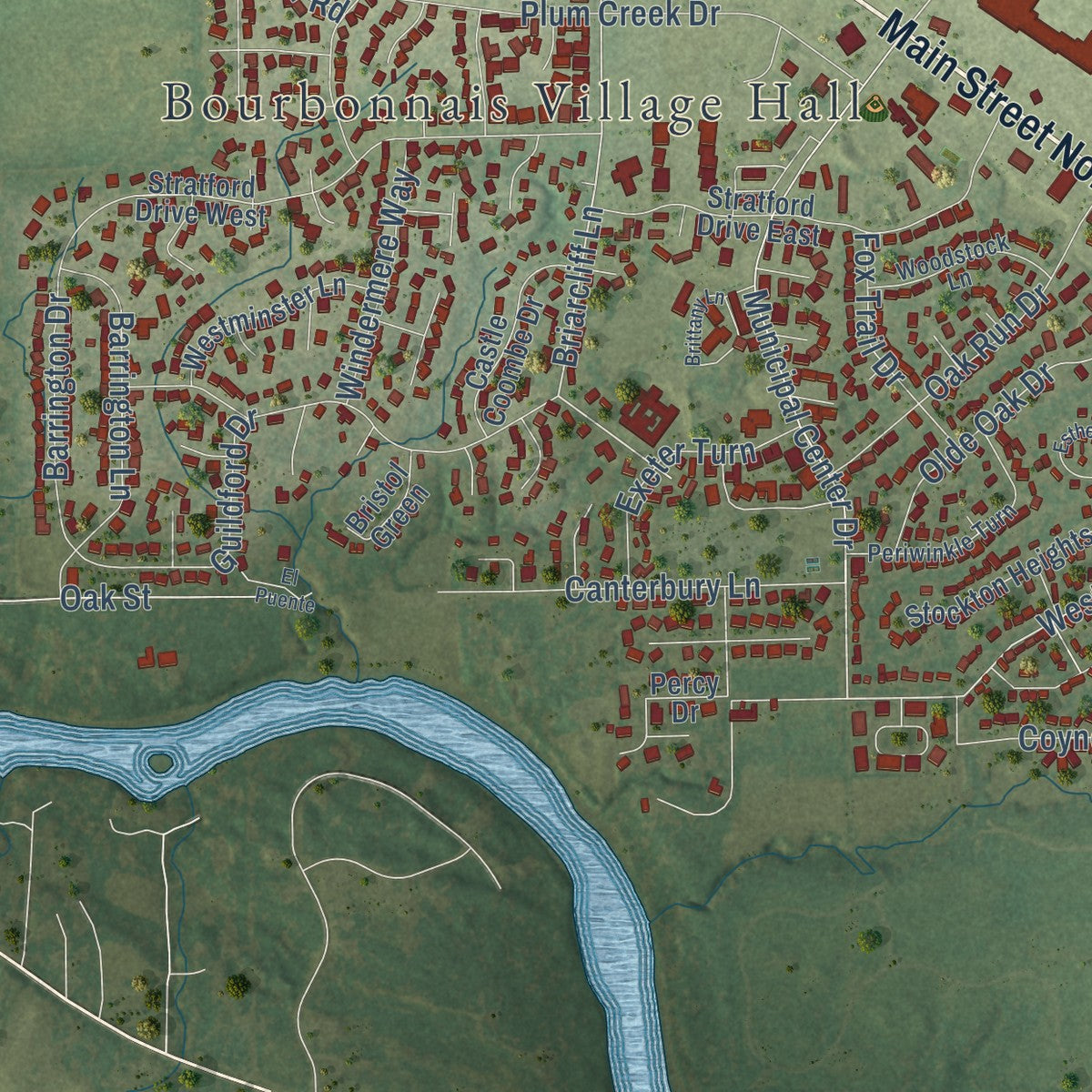 Second close-up of the map of Bourbonnais, Illinois print showing more streets and buildings