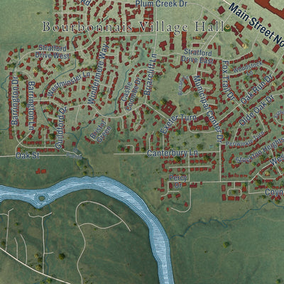Second close-up of the map of Bourbonnais, Illinois print showing more streets and buildings