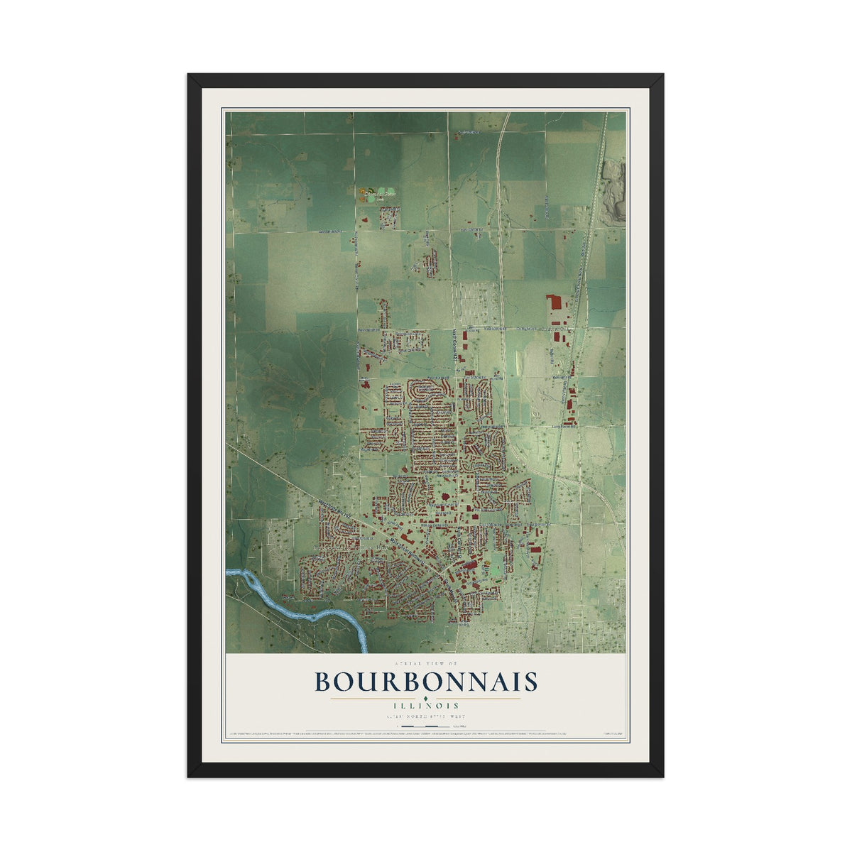 Map of Bourbonnais, Illinois, 12 x 18 inch print in a black wood frame