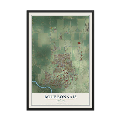Map of Bourbonnais, Illinois, 12 x 18 inch print in a black wood frame