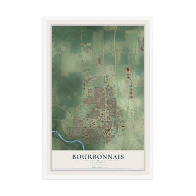 Map of Bourbonnais, Illinois, 12 x 18 inch print in a white wood frame