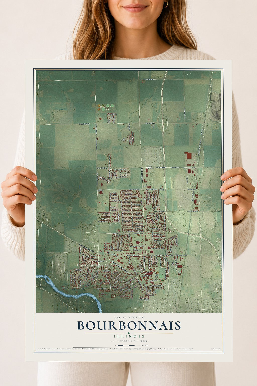 Map of Bourbonnais, Illinois, 18 x 24 inch unframed archival matte print