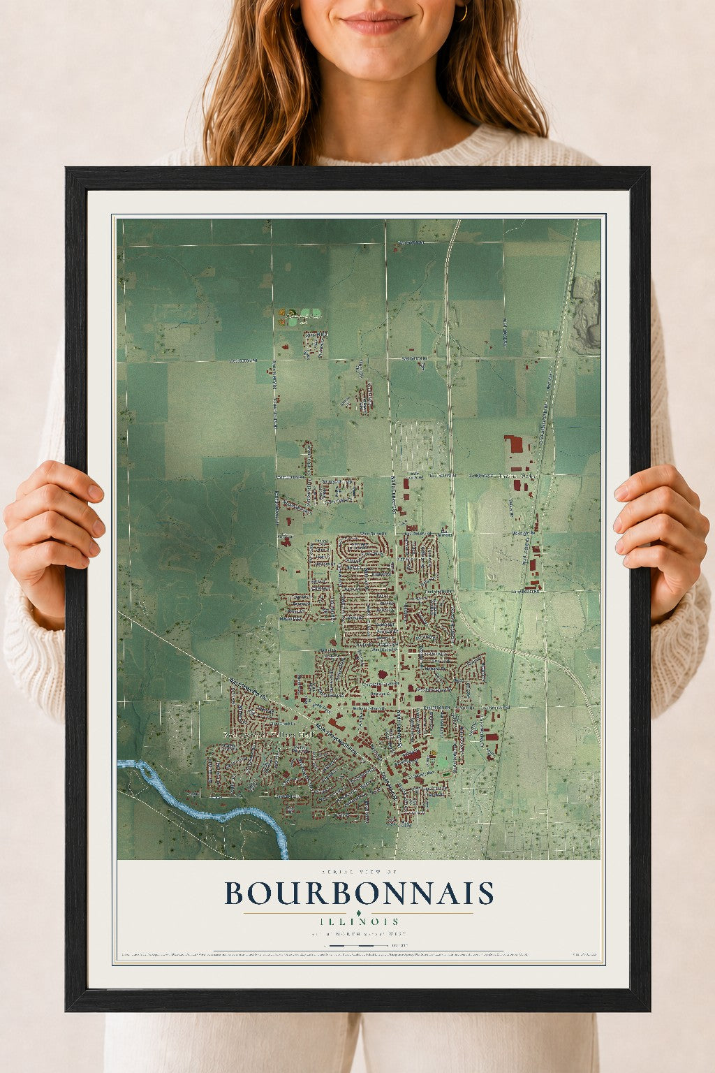 Map of Bourbonnais, Illinois, 18 x 24 inch print in a black wood frame