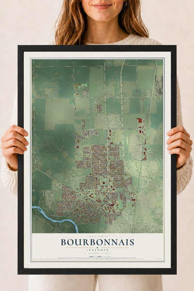 Map of Bourbonnais, Illinois, 18 x 24 inch print in a black wood frame