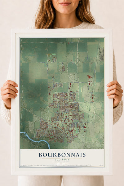 Map of Bourbonnais, Illinois, 18 x 24 inch print in a white wood frame