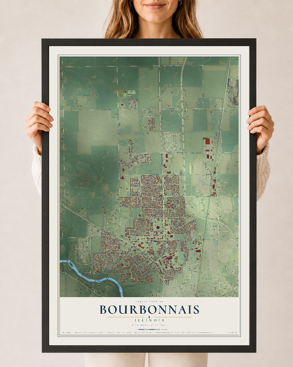 Map of Bourbonnais, Illinois, 24 x 36 inch print in a black wood frame