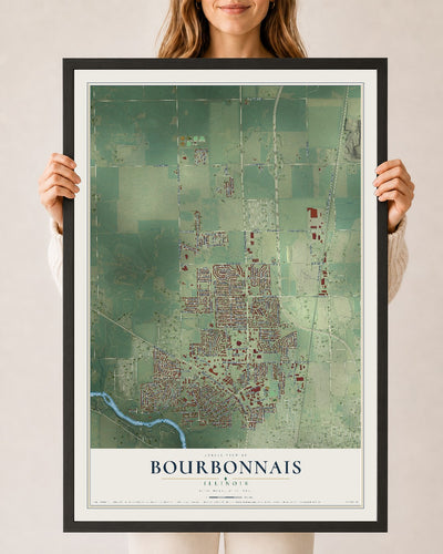 Map of Bourbonnais, Illinois, 24 x 36 inch print in a black wood frame