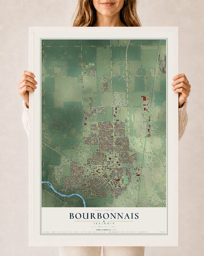 Map of Bourbonnais, Illinois, 24 x 36 inch print in a white wood frame