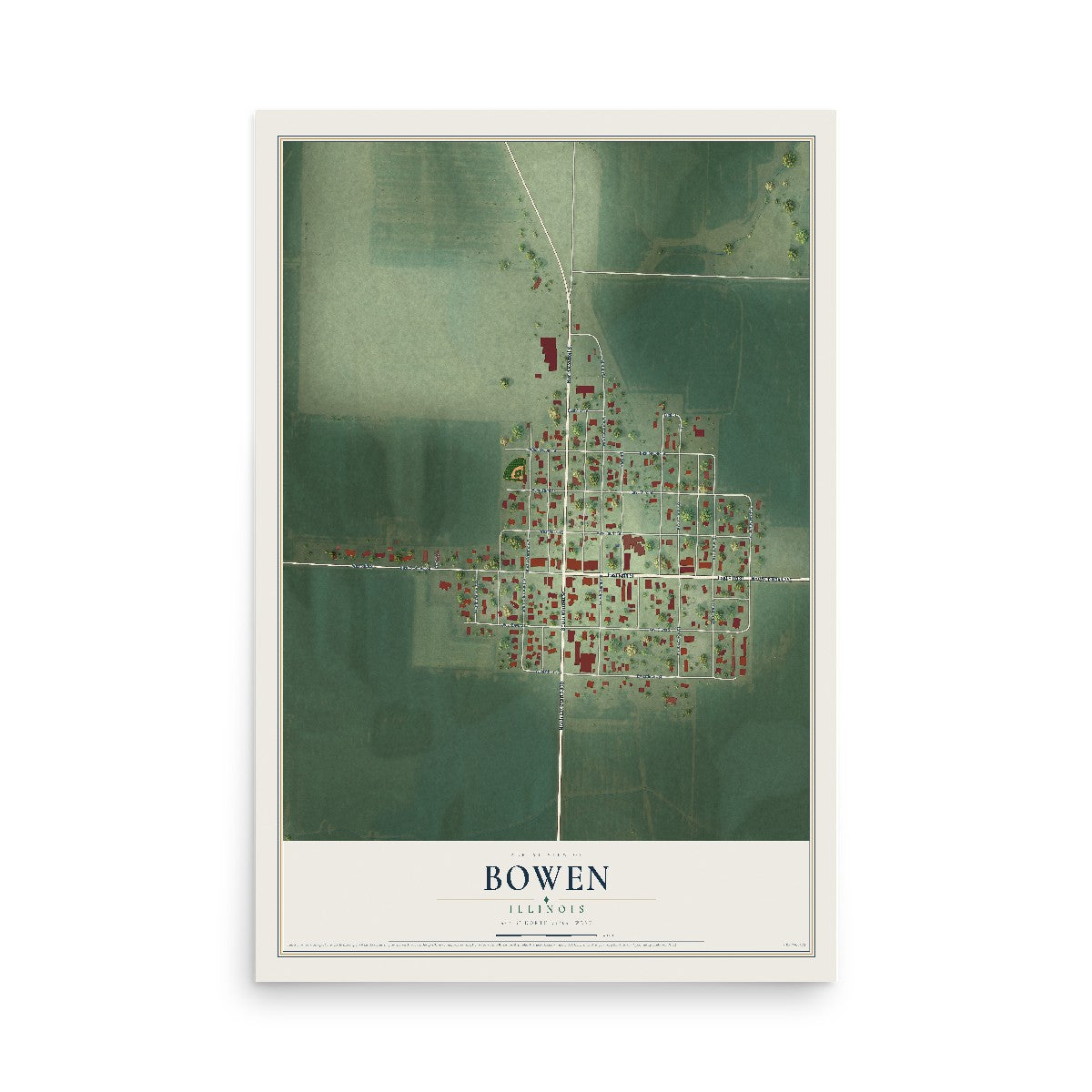 Map of Bowen, Illinois, 12 x 18 inch unframed archival matte print