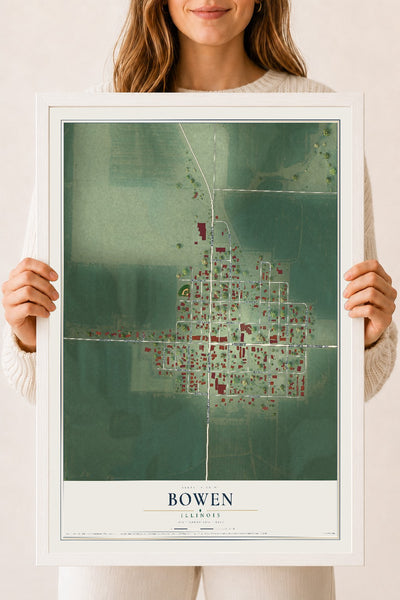 Map of Bowen, Illinois, 18 x 24 inch print in a white wood frame