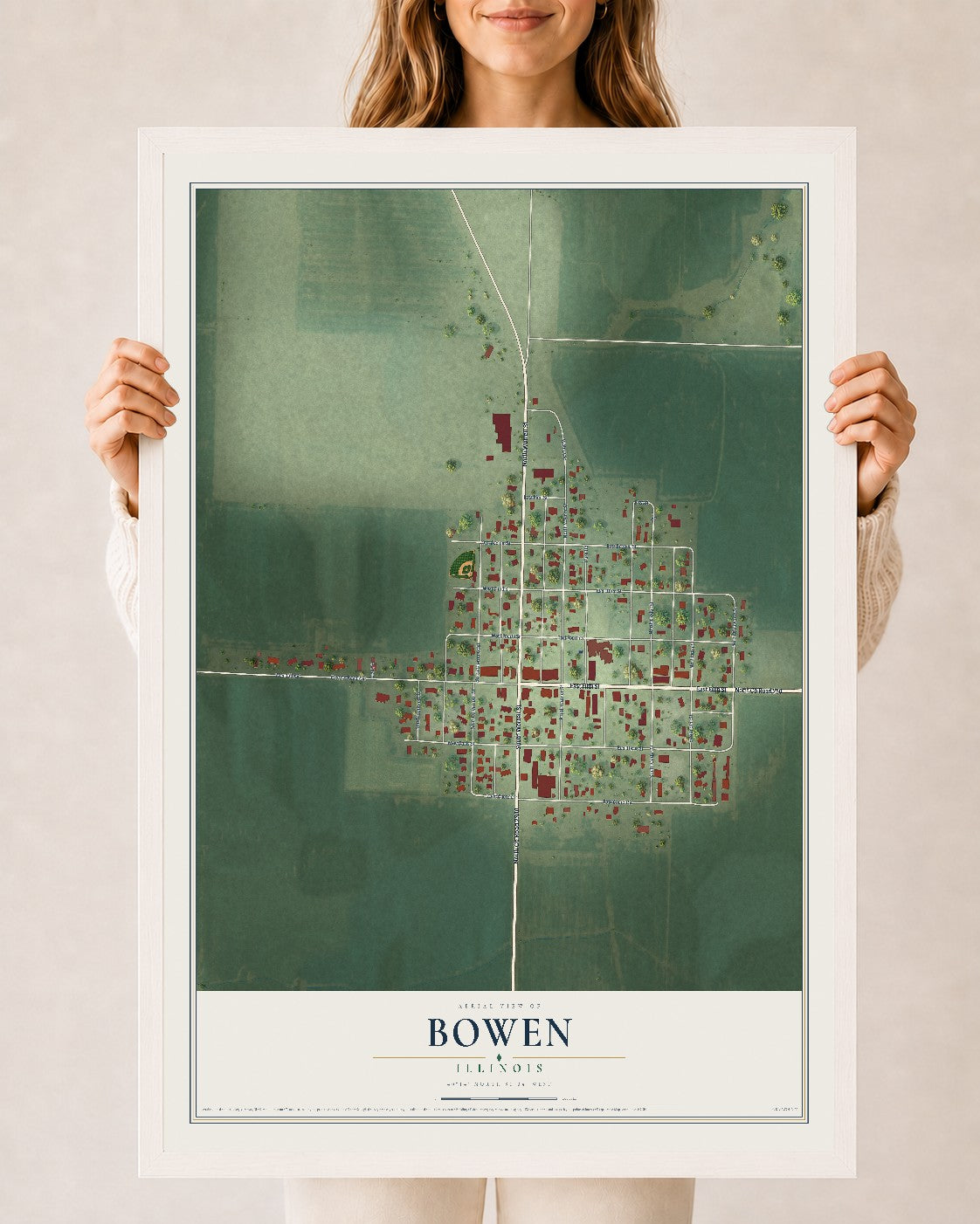 Map of Bowen, Illinois, 24 x 36 inch print in a white wood frame