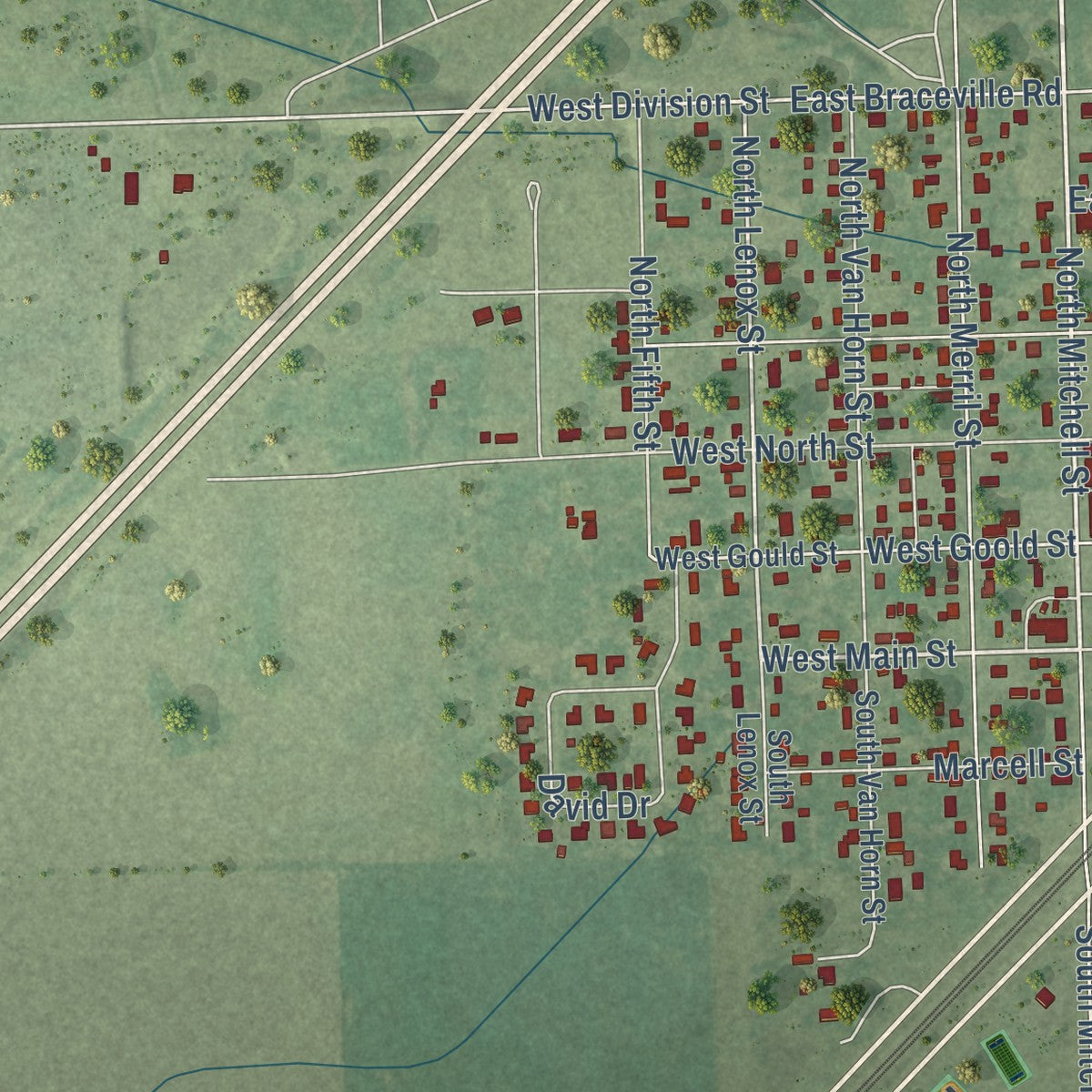 Second close-up of the map of Braceville, Illinois print showing more streets and buildings