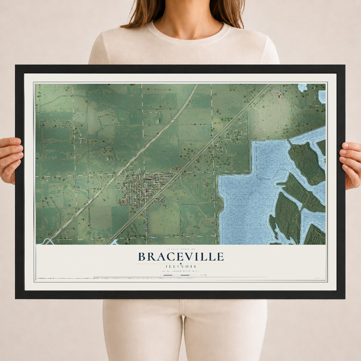 Map of Braceville, Illinois, 18 x 24 inch print in a black wood frame