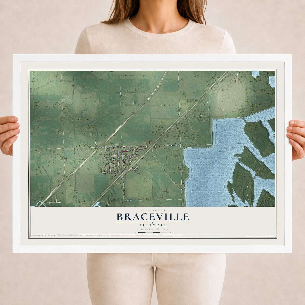 Map of Braceville, Illinois, 18 x 24 inch print in a white wood frame