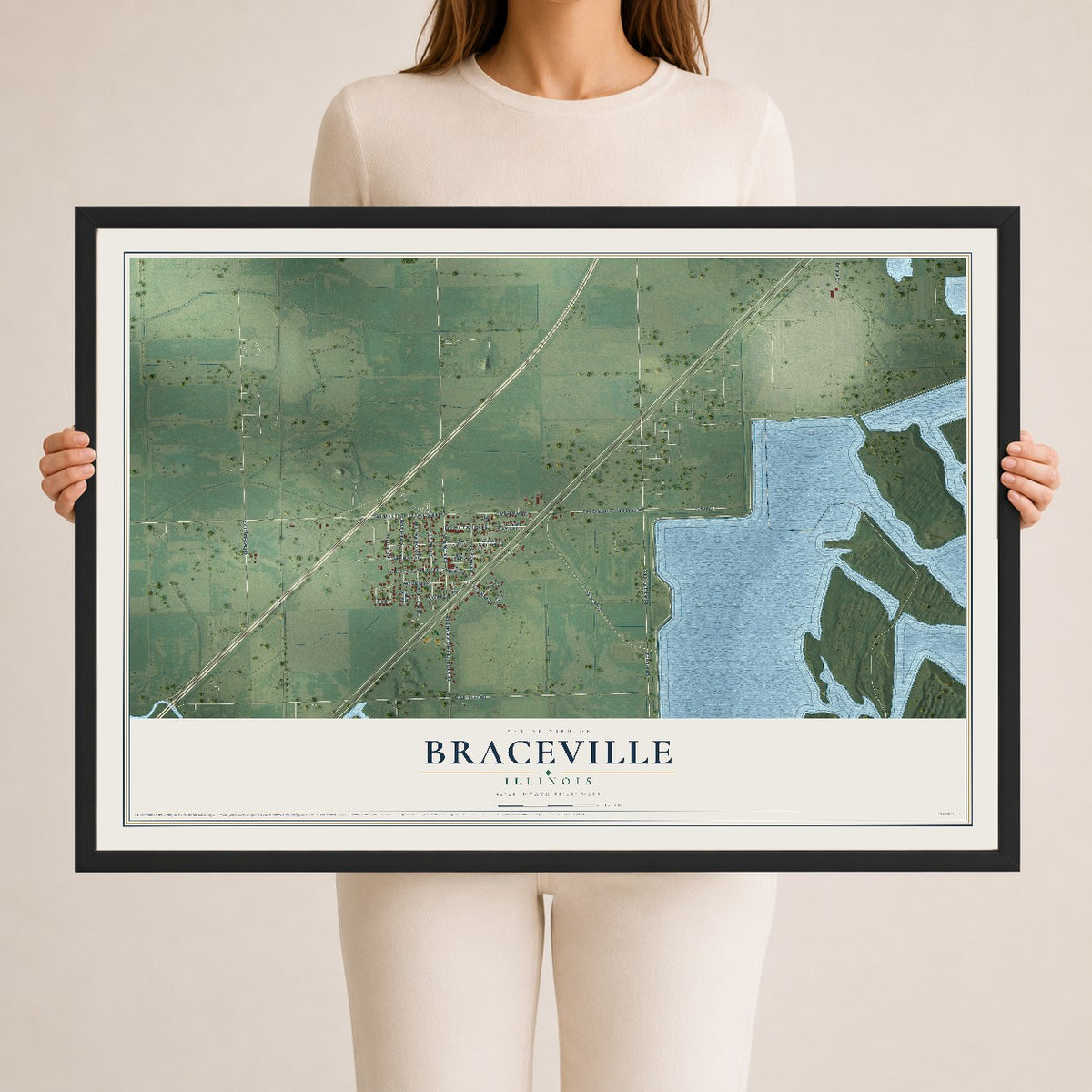 Map of Braceville, Illinois, 24 x 36 inch print in a black wood frame