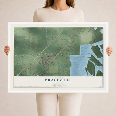 Map of Braceville, Illinois, 24 x 36 inch print in a white wood frame