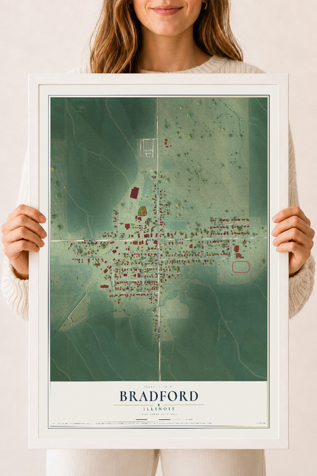 Map of Bradford, Illinois, 18 x 24 inch print in a white wood frame