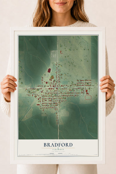 Map of Bradford, Illinois, 18 x 24 inch print in a white wood frame