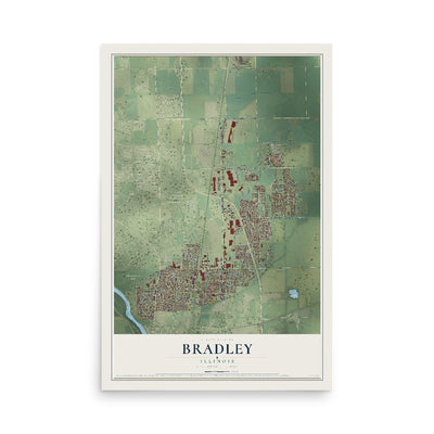 Map of Bradley, Illinois, 12 x 18 inch unframed archival matte print