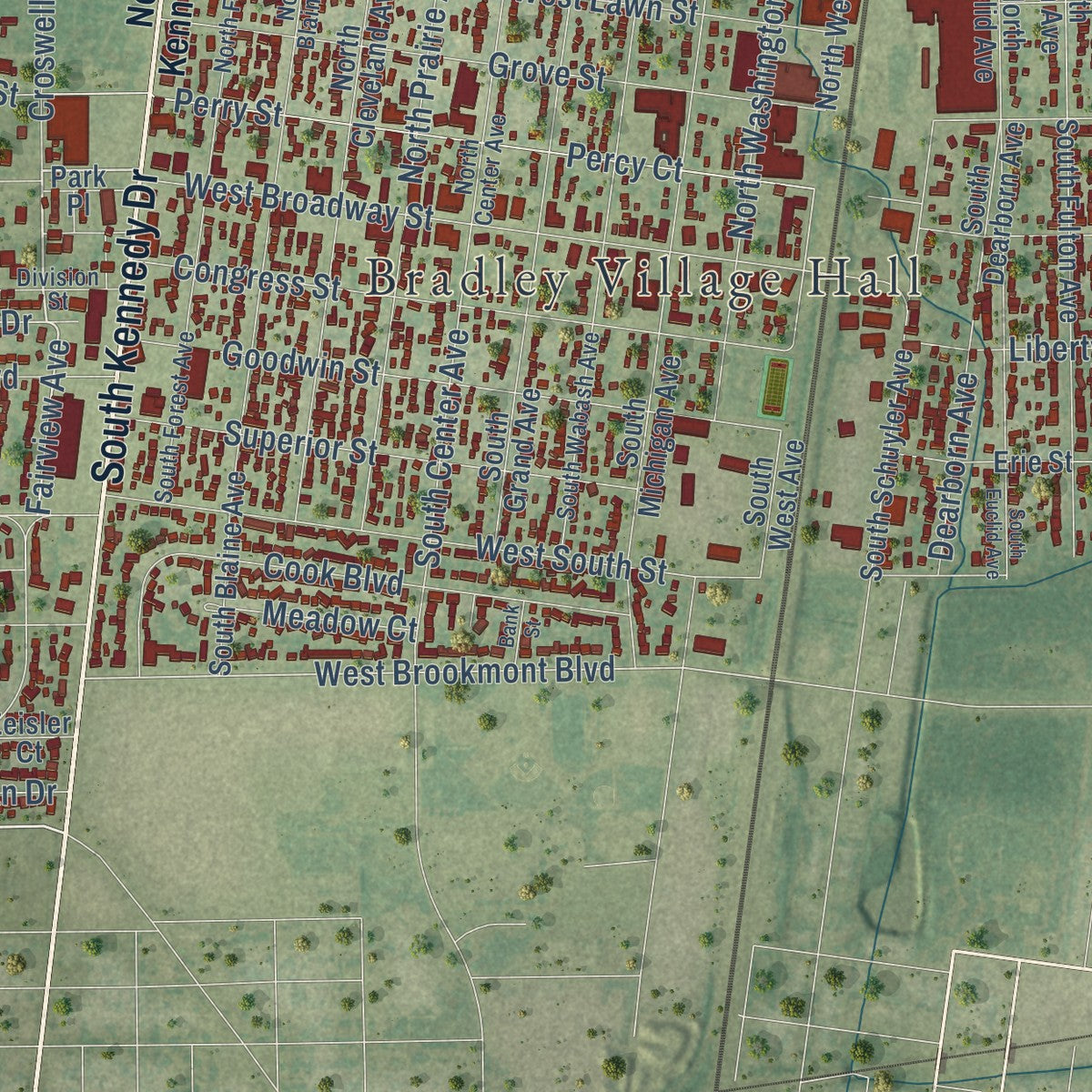 Close-up of the map of Bradley, Illinois print showing street and building detail