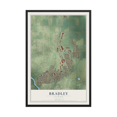 Map of Bradley, Illinois, 12 x 18 inch print in a black wood frame