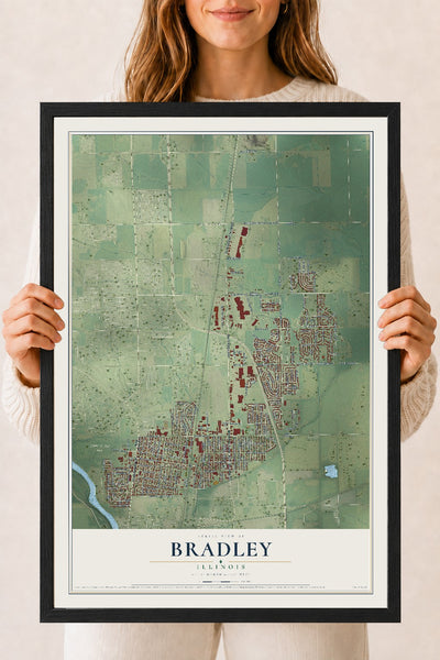 Map of Bradley, Illinois, 18 x 24 inch print in a black wood frame