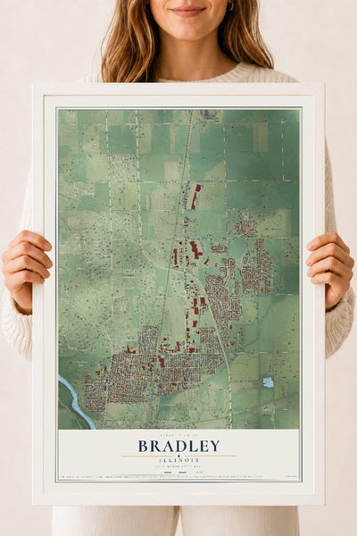 Map of Bradley, Illinois, 18 x 24 inch print in a white wood frame