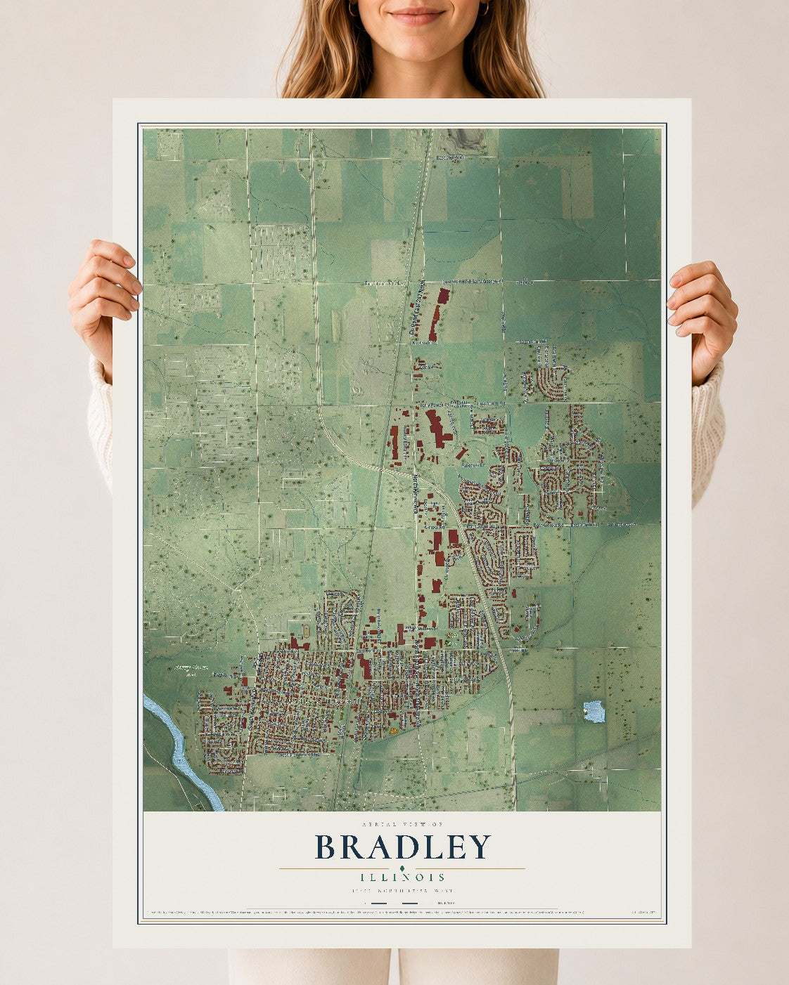 Map of Bradley, Illinois, 24 x 36 inch unframed archival matte print