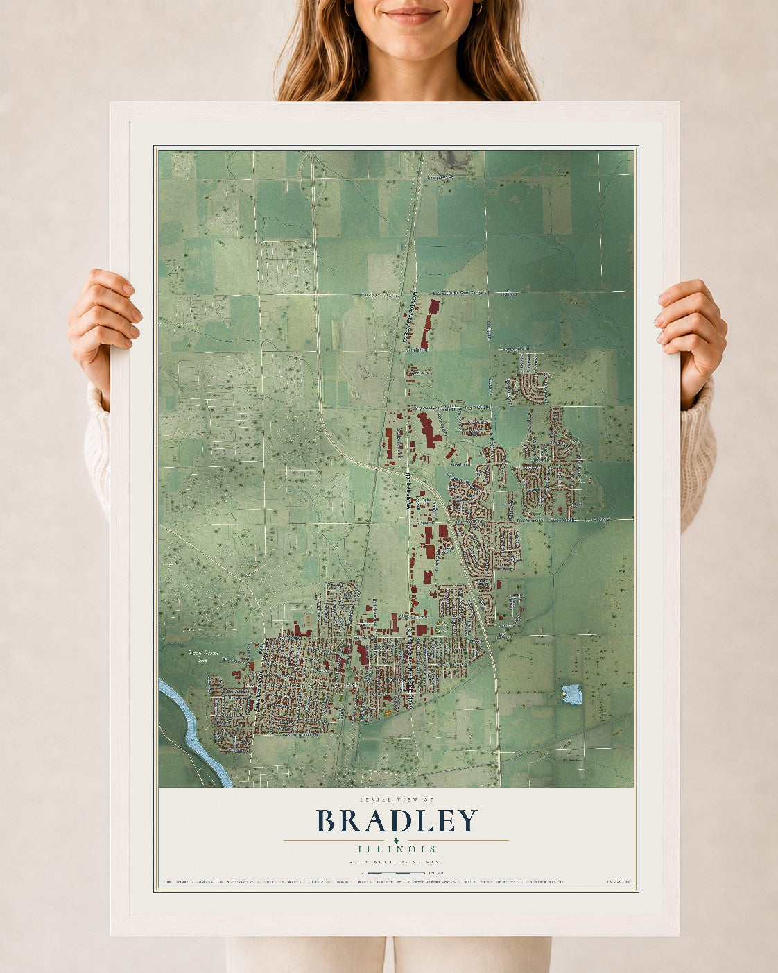 Map of Bradley, Illinois, 24 x 36 inch print in a white wood frame