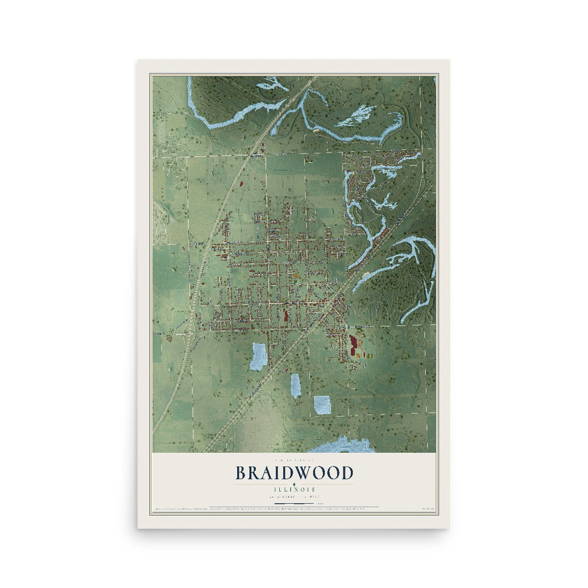 Map of Braidwood, Illinois, 12 x 18 inch unframed archival matte print