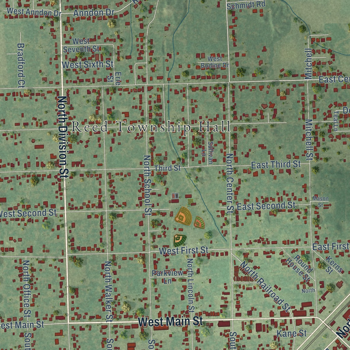 Close-up of the map of Braidwood, Illinois print showing street and building detail