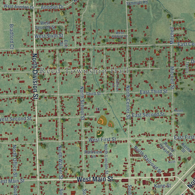Close-up of the map of Braidwood, Illinois print showing street and building detail
