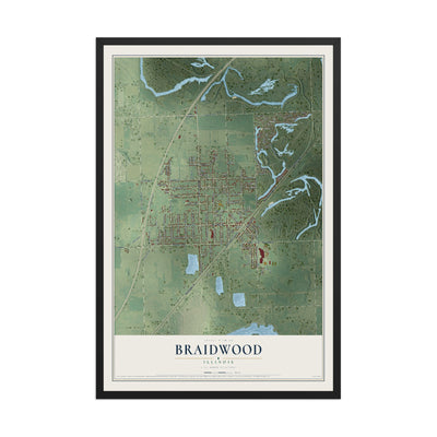 Map of Braidwood, Illinois, 12 x 18 inch print in a black wood frame