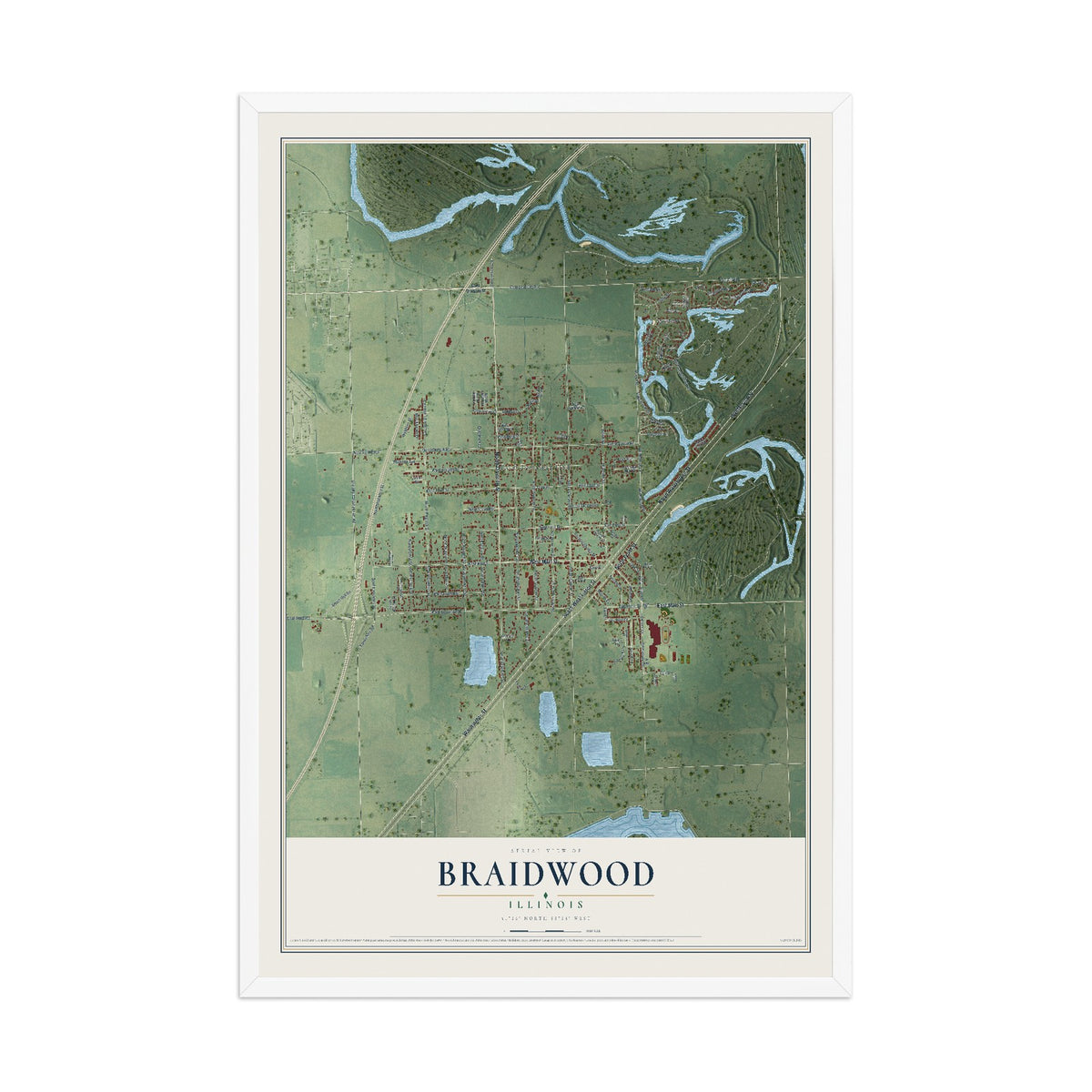 Map of Braidwood, Illinois, 12 x 18 inch print in a white wood frame
