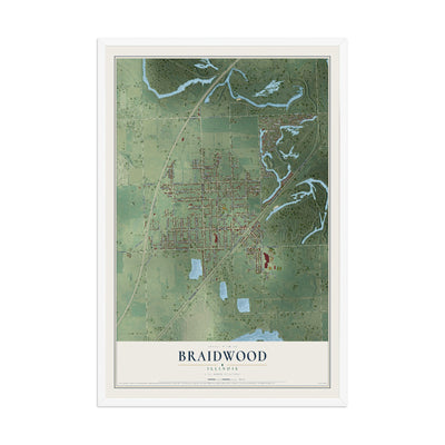 Map of Braidwood, Illinois, 12 x 18 inch print in a white wood frame