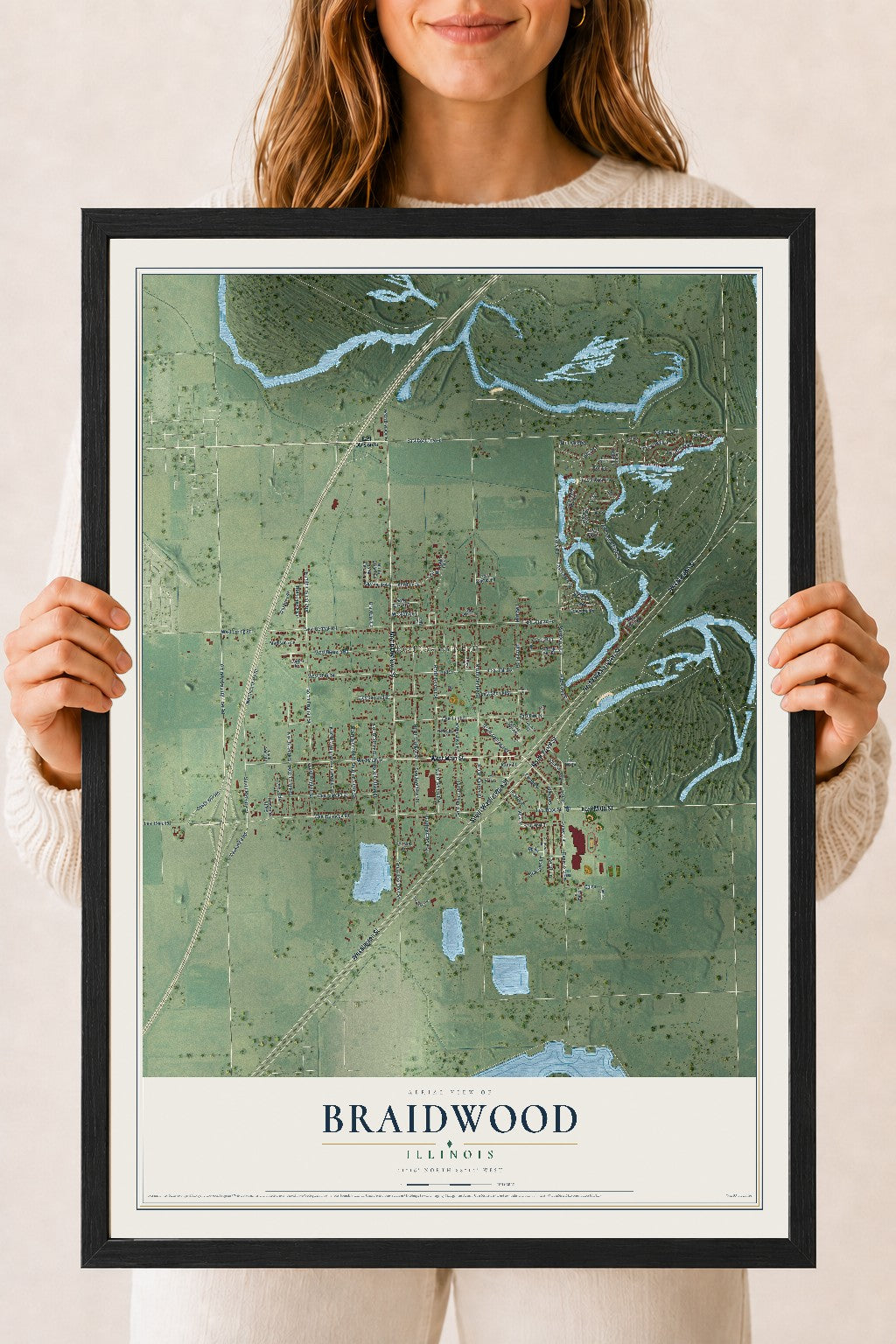 Map of Braidwood, Illinois, 18 x 24 inch print in a black wood frame
