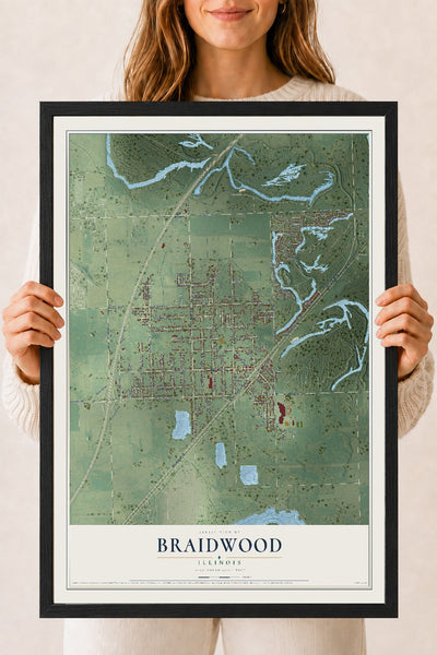 Map of Braidwood, Illinois, 18 x 24 inch print in a black wood frame