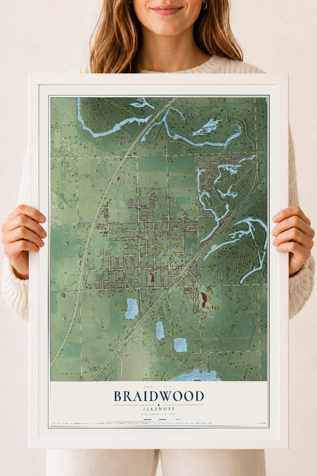 Map of Braidwood, Illinois, 18 x 24 inch print in a white wood frame