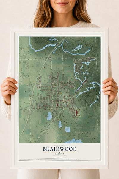 Map of Braidwood, Illinois, 18 x 24 inch print in a white wood frame