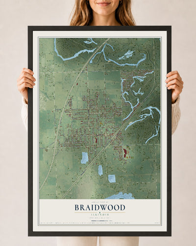 Map of Braidwood, Illinois, 24 x 36 inch print in a black wood frame