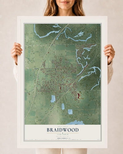 Map of Braidwood, Illinois, 24 x 36 inch print in a white wood frame