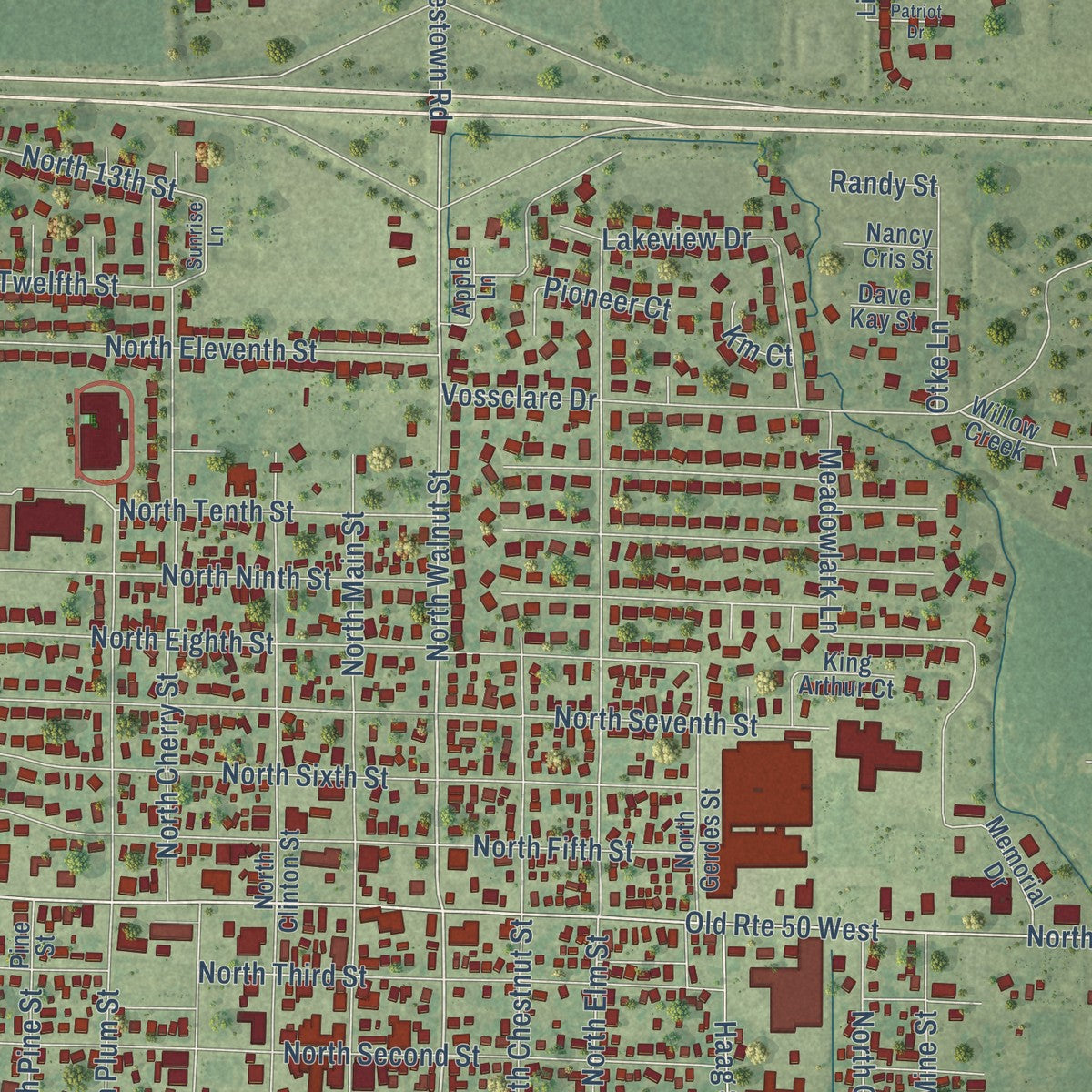 Close-up of the map of Breese, Illinois print showing street and building detail