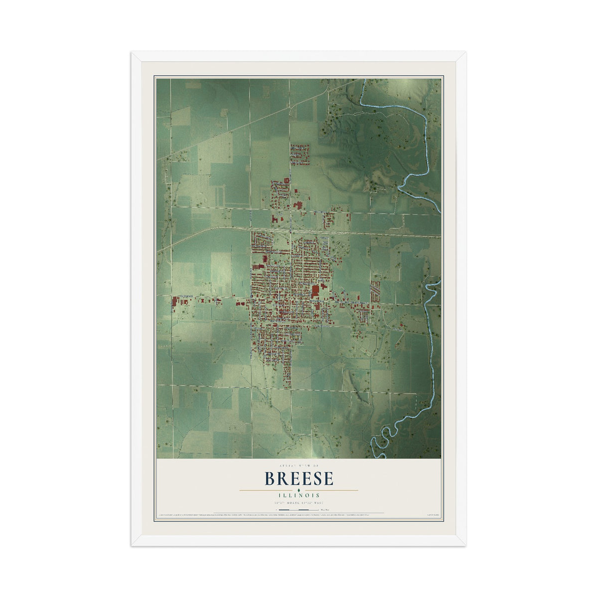 Map of Breese, Illinois, 12 x 18 inch print in a white wood frame