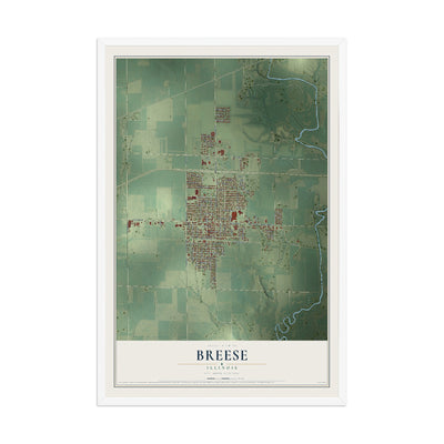 Map of Breese, Illinois, 12 x 18 inch print in a white wood frame