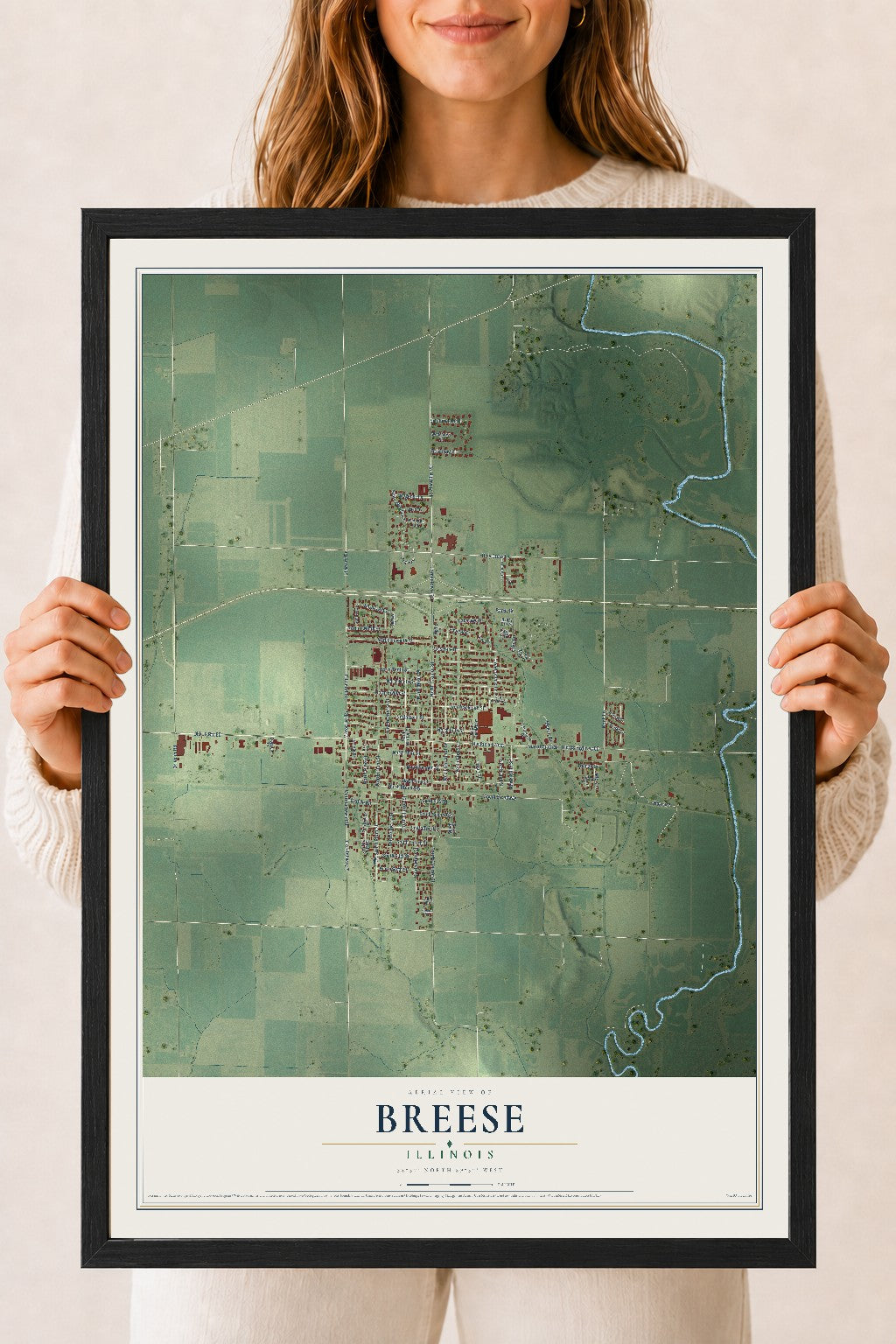 Map of Breese, Illinois, 18 x 24 inch print in a black wood frame