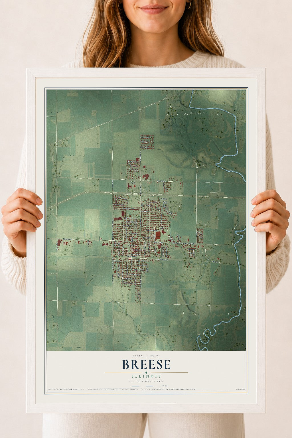Map of Breese, Illinois, 18 x 24 inch print in a white wood frame