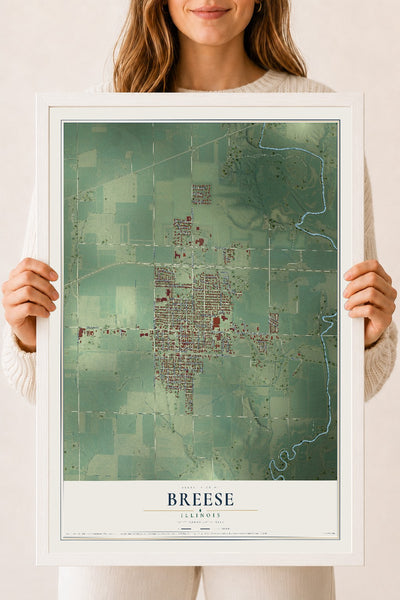 Map of Breese, Illinois, 18 x 24 inch print in a white wood frame