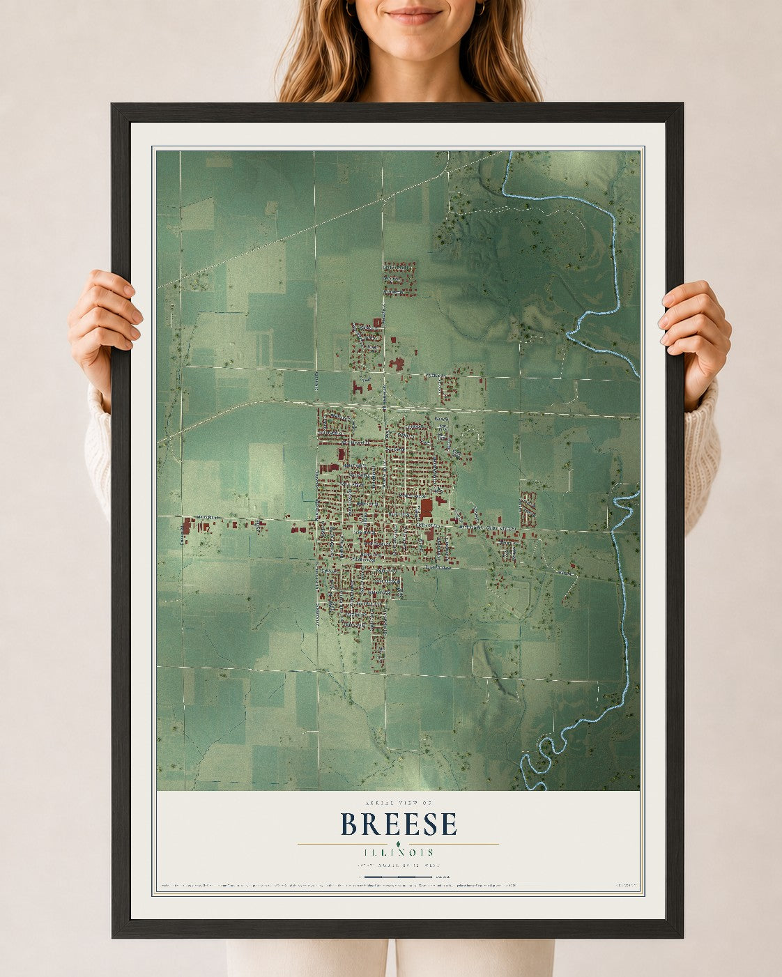 Map of Breese, Illinois, 24 x 36 inch print in a black wood frame