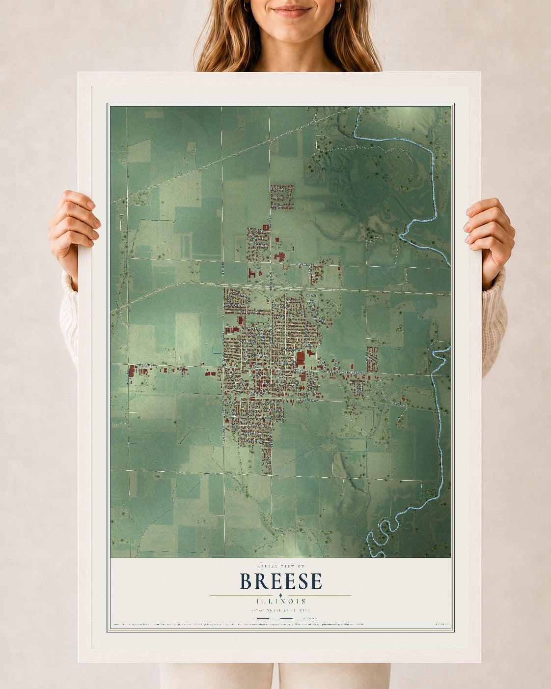 Map of Breese, Illinois, 24 x 36 inch print in a white wood frame